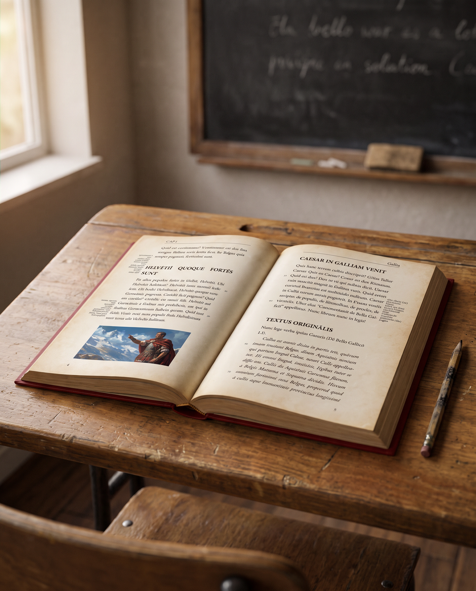 De Bello Gallico graded Latin reader open on a classroom desk