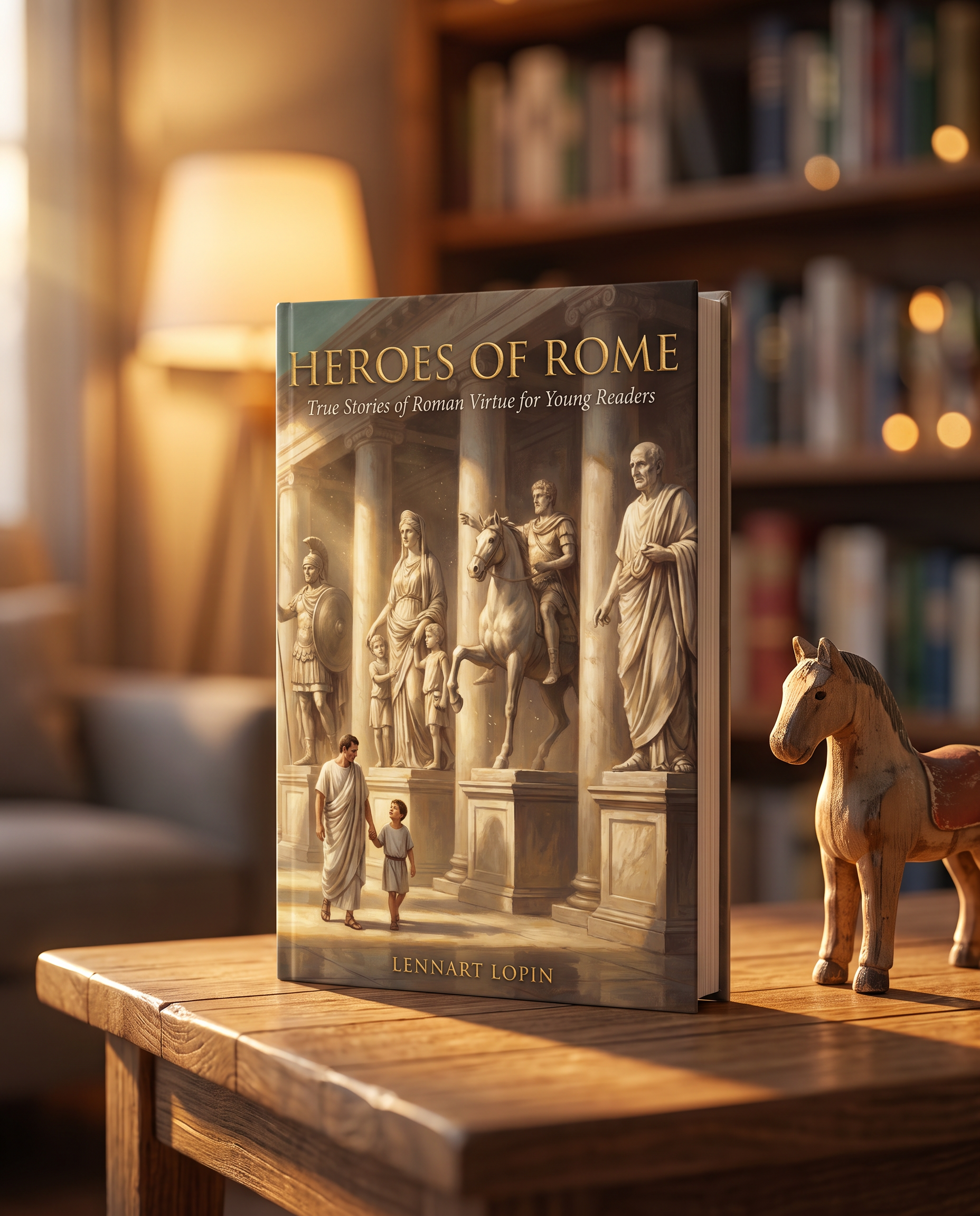 Heroes of Rome hardcover standing on a family living-room table beside a wooden toy horse