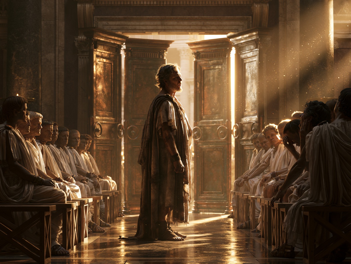 Heroes of Rome interior art — Regulus standing before the Roman Senate in golden light