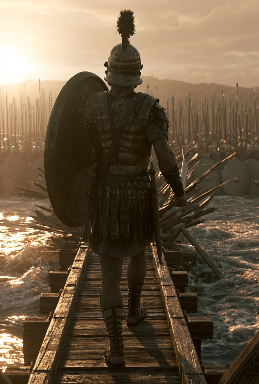 Heroes of Rome interior plate — Horatius walking the wooden bridge alone toward the enemy army at sunset