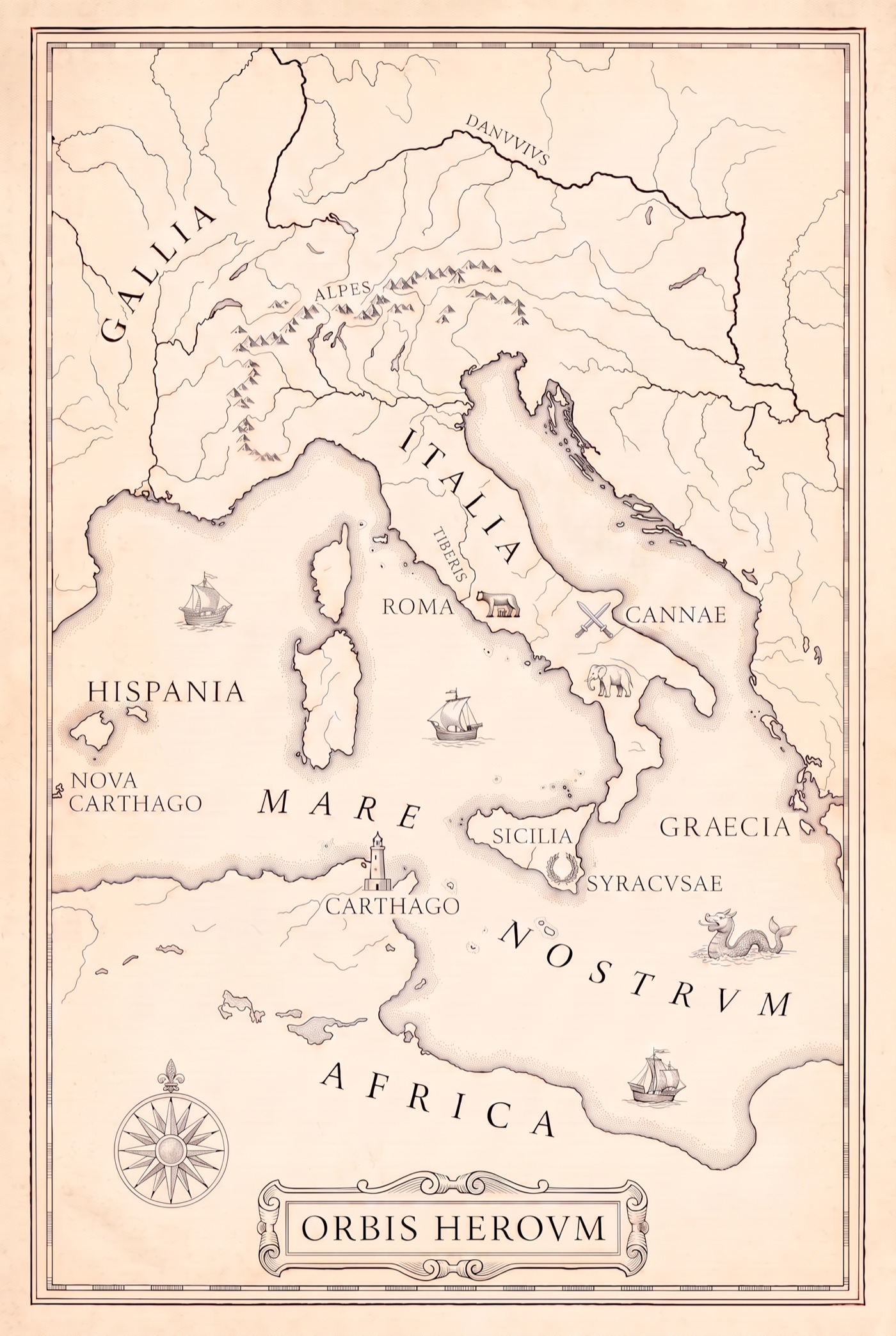Orbis Heroum — the hand-drawn map of the heroes' world from Heroes of Rome, showing Italia, Carthago, and the Mare Nostrum