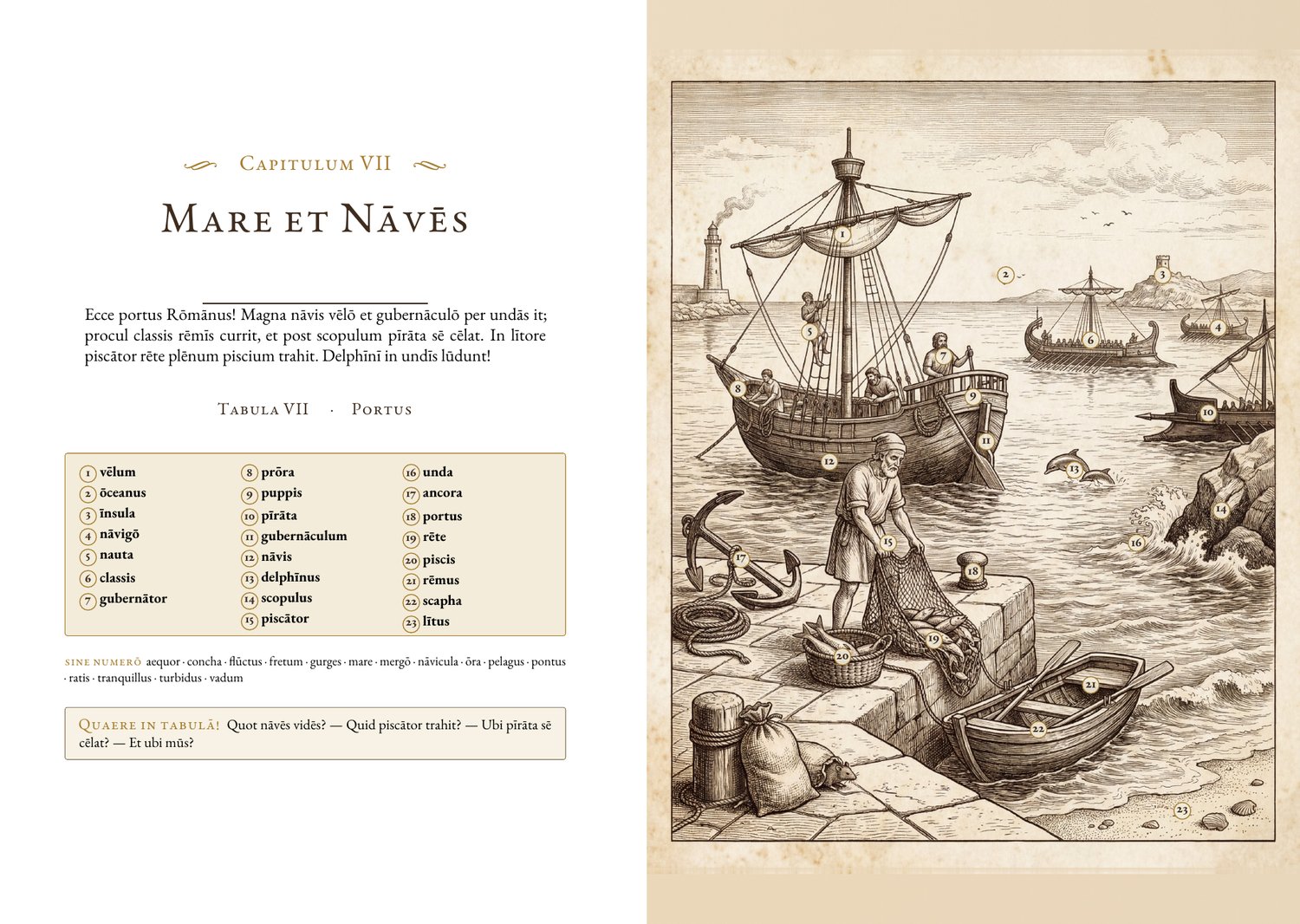Mille Verba interior spread — the Mare et Naves chapter with its numbered word key facing the engraved harbor plate